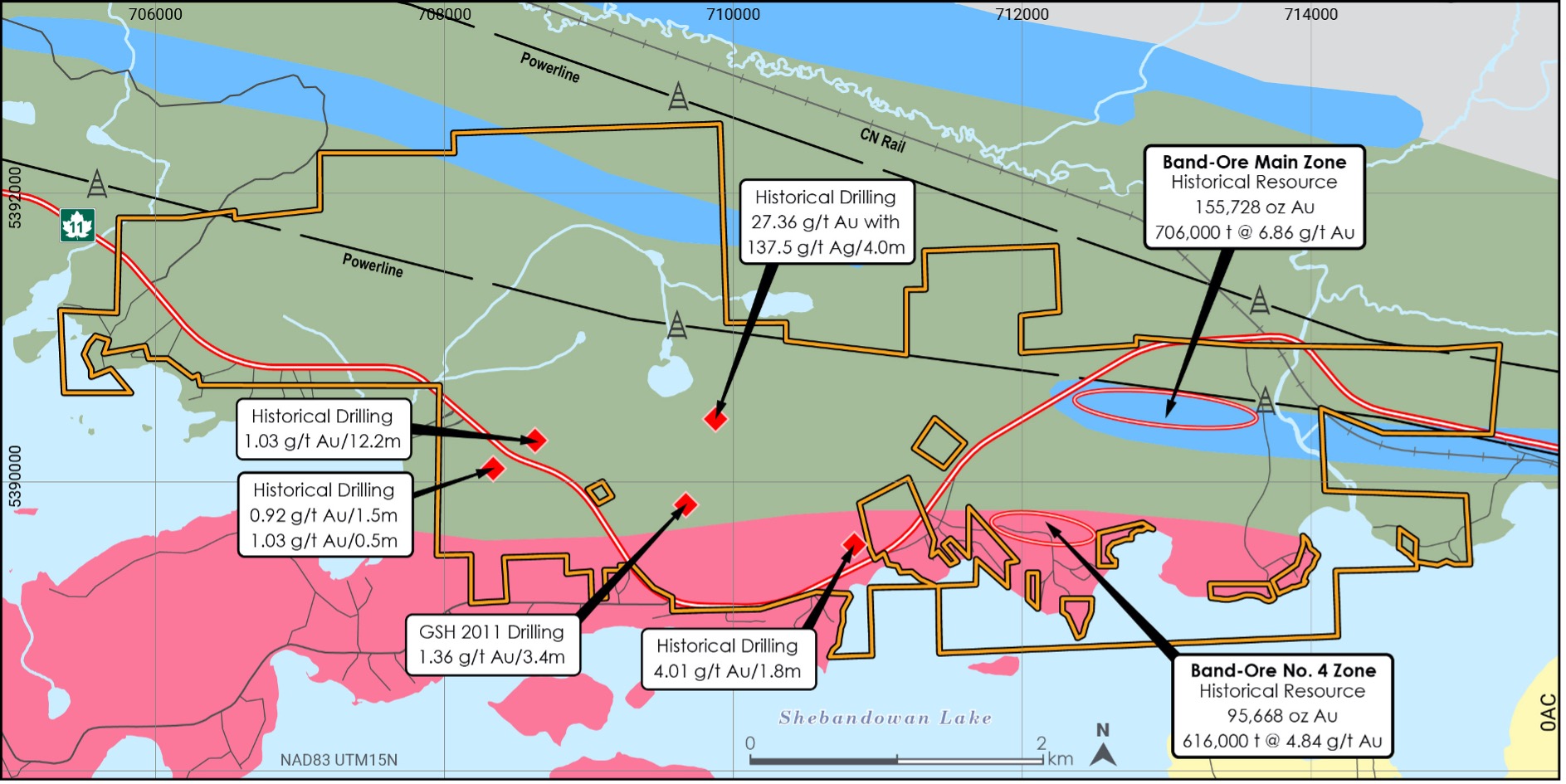 Figure 2: Bedrock geology and outline of the Band-Ore property. 